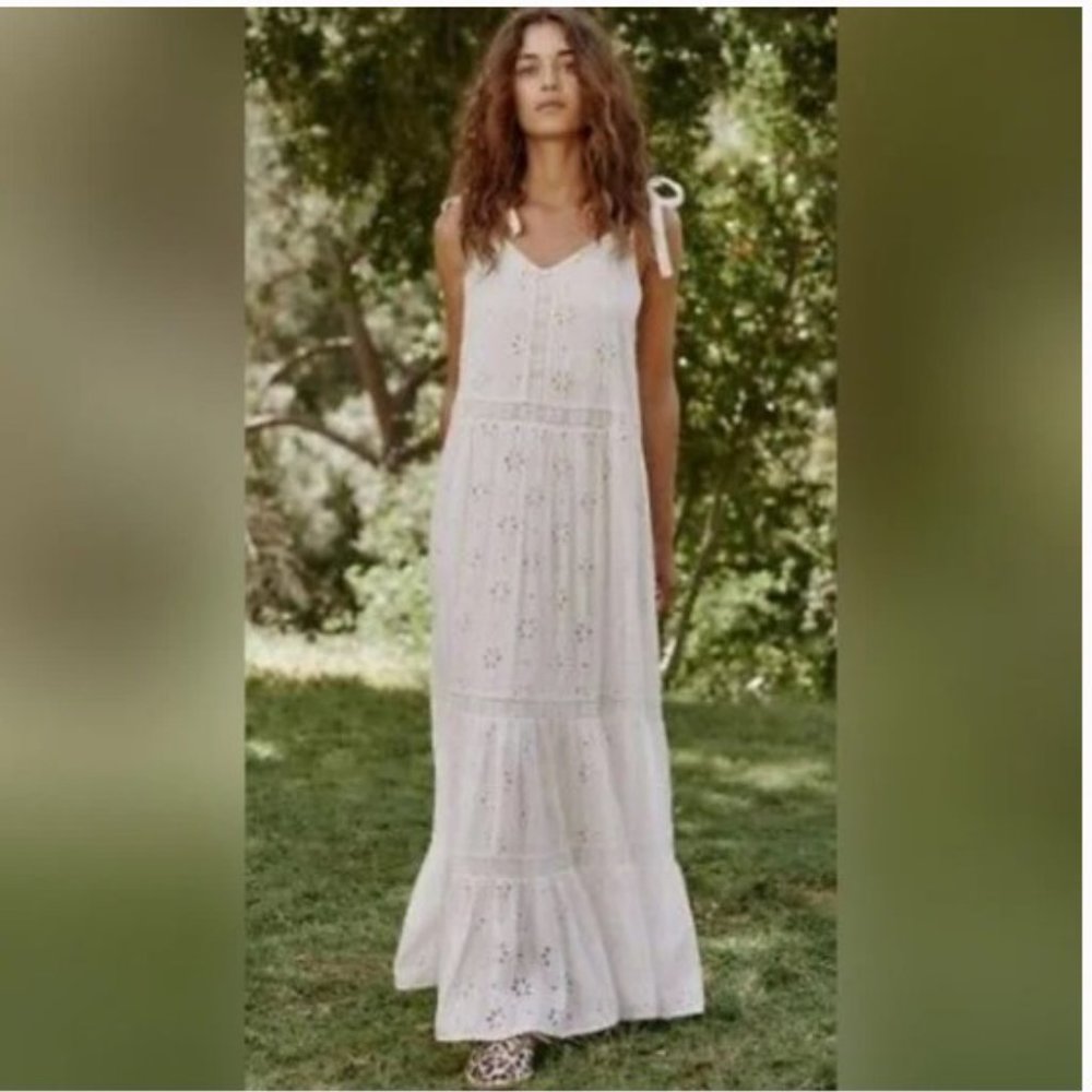 The Great Eyelet Grove Cotton Tiered Maxi Dress White